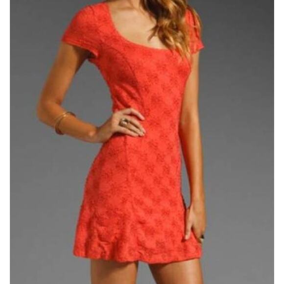 Free People Dresses & Skirts - Free People S Daisy Skater Dress Stretch Nylon Fit&Flare Scoop Neck Orange Red